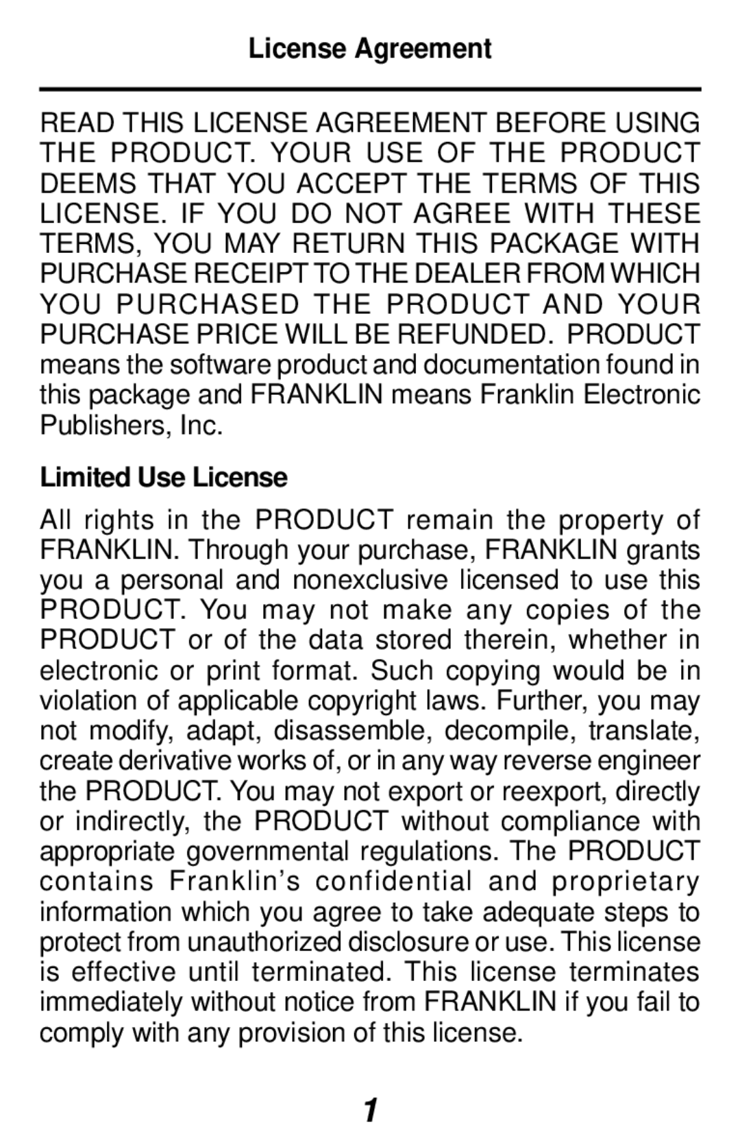 Franklin RF-1064 manual License Agreement, Limited Use License 