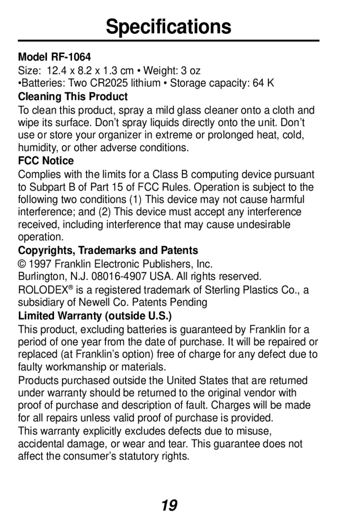 Franklin RF-1064 manual Specifications, Cleaning This Product 