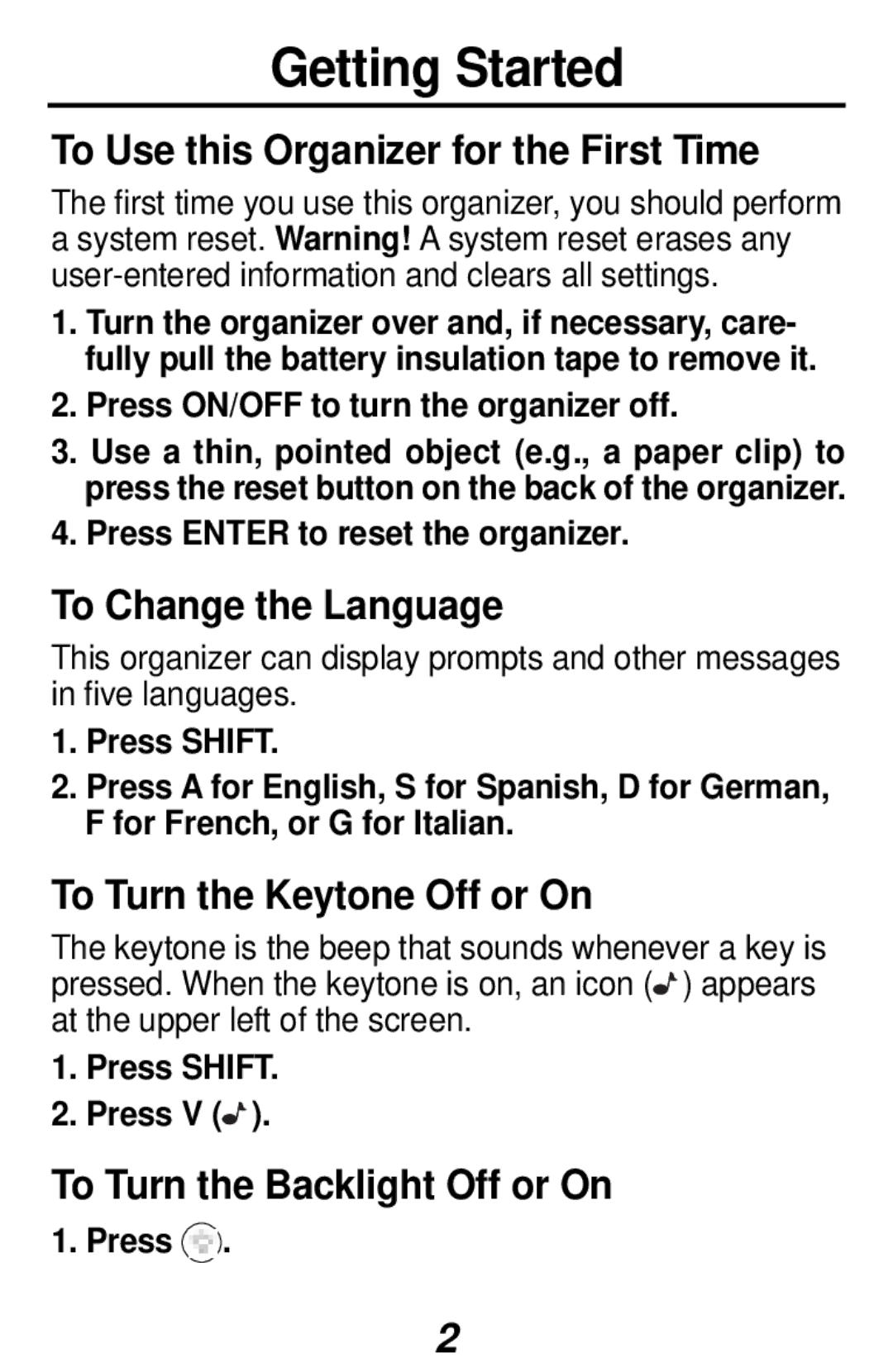 Franklin RF-1064 manual Getting Started, To Use this Organizer for the First Time, To Change the Language 