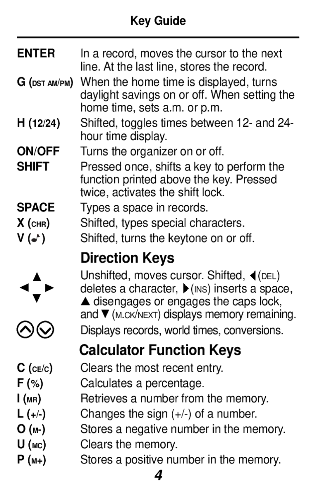 Franklin RF-1064 manual Direction Keys, Calculator Function Keys, Key Guide 