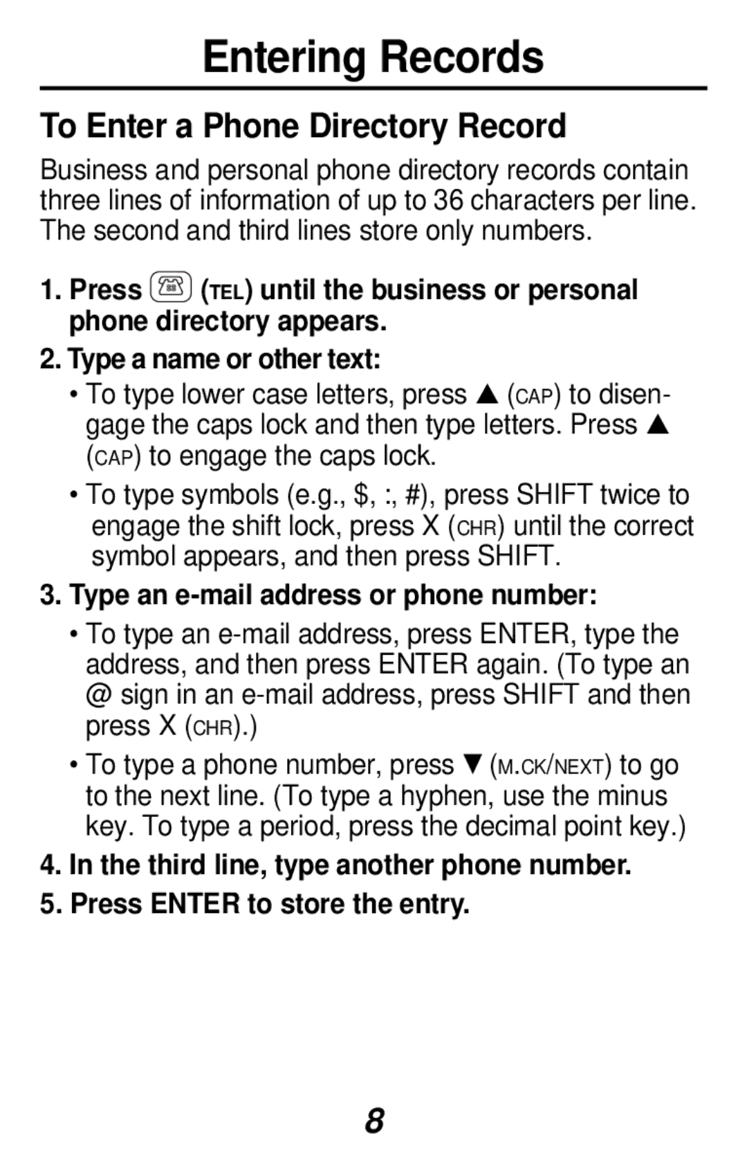 Franklin RF-1064 manual Entering Records, To Enter a Phone Directory Record, Type an e-mail address or phone number 