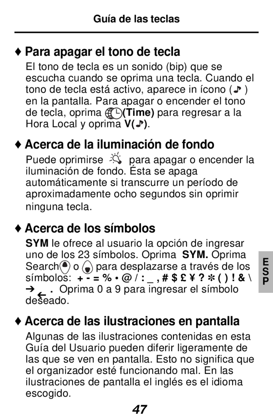 Franklin RF-128b manual Para apagar el tono de tecla, Acerca de la iluminación de fondo, Acerca de los símbolos 