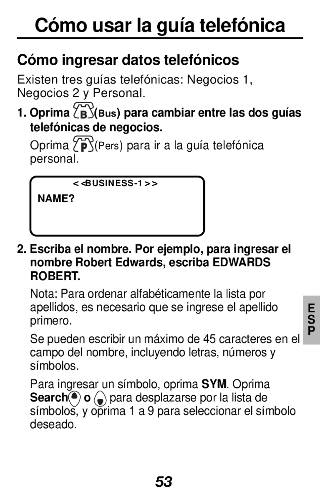 Franklin RF-128b manual Cómo usar la guía telefónica, Cómo ingresar datos telefónicos 