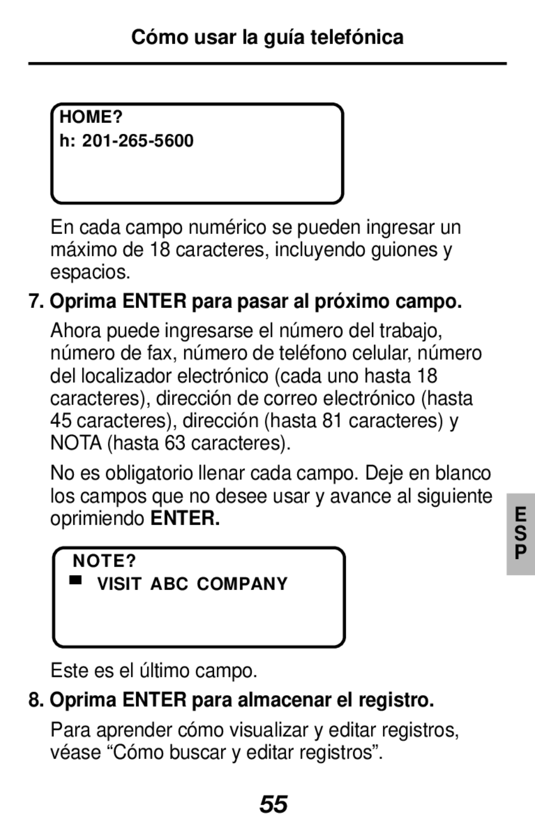 Franklin RF-128b manual Oprima Enter para pasar al próximo campo, Oprima Enter para almacenar el registro 