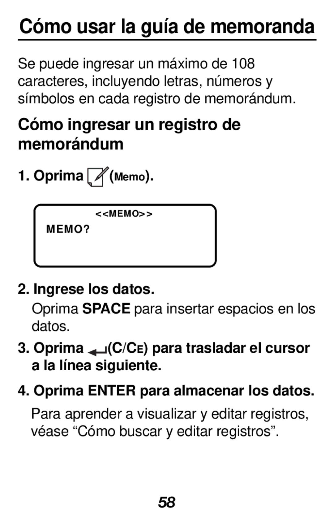 Franklin RF-128b manual Oprima Memo, Ingrese los datos 