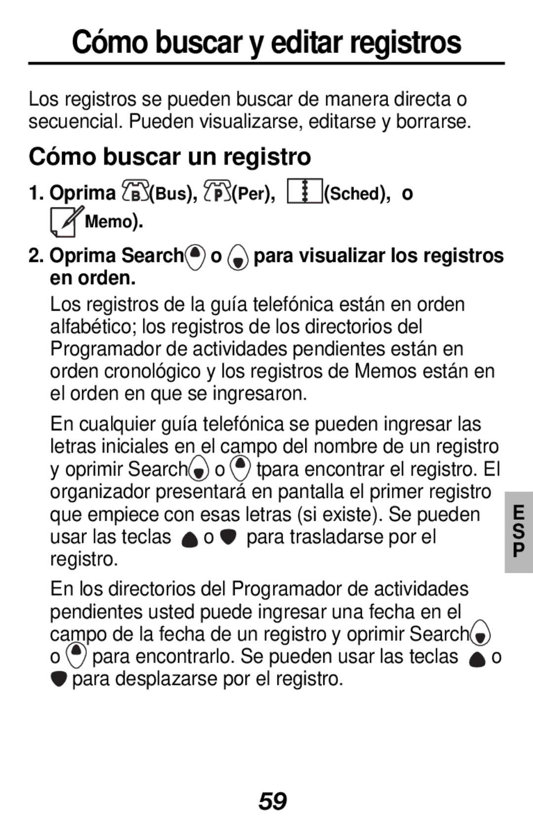 Franklin RF-128b manual Cómo buscar y editar registros, Oprima Bus, Per 