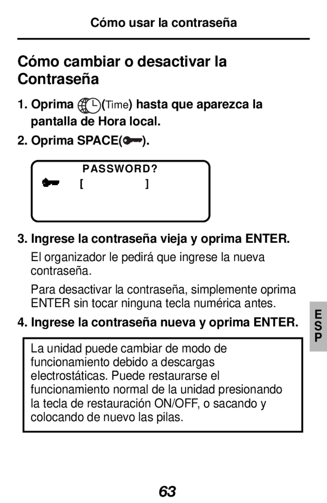 Franklin RF-128b manual Cómo cambiar o desactivar la Contraseña, Ingrese la contraseña vieja y oprima Enter 