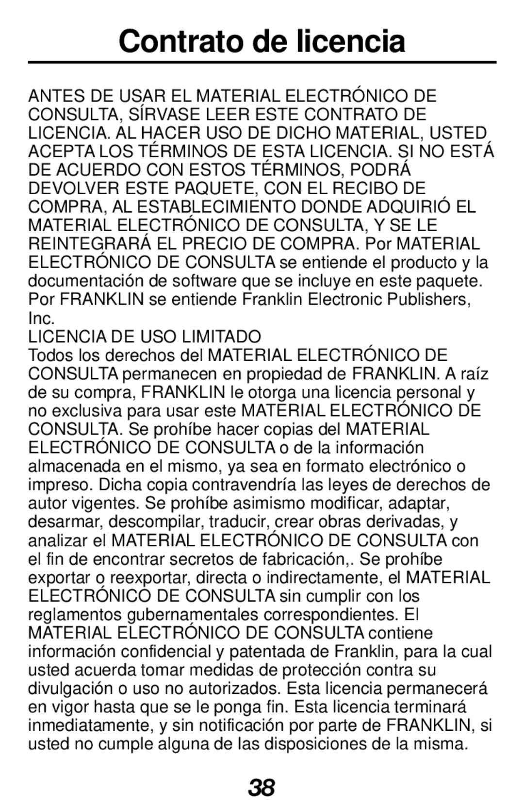 Franklin RF-128b manual Contrato de licencia, Licencia DE USO Limitado 