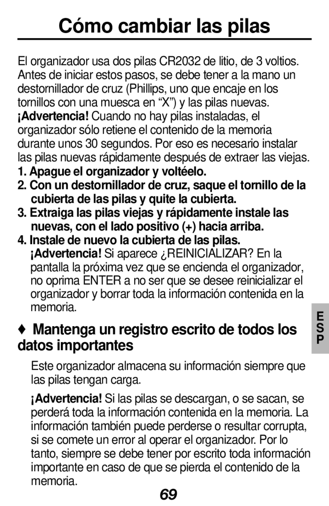 Franklin RF-128b manual Cómo cambiar las pilas, Mantenga un registro escrito de todos los datos importantes 