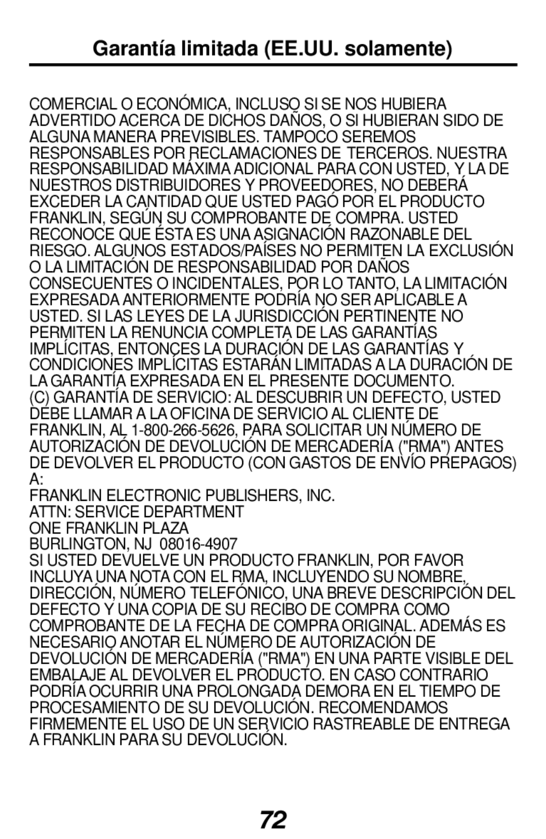 Franklin RF-128b manual Garantía limitada EE.UU. solamente 