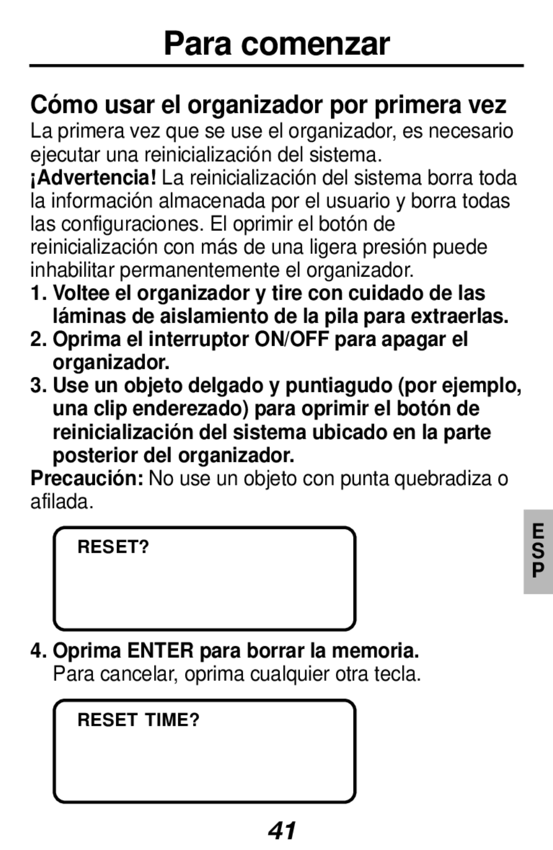 Franklin RF-128b manual Para comenzar, Oprima el interruptor ON/OFF para apagar el organizador 