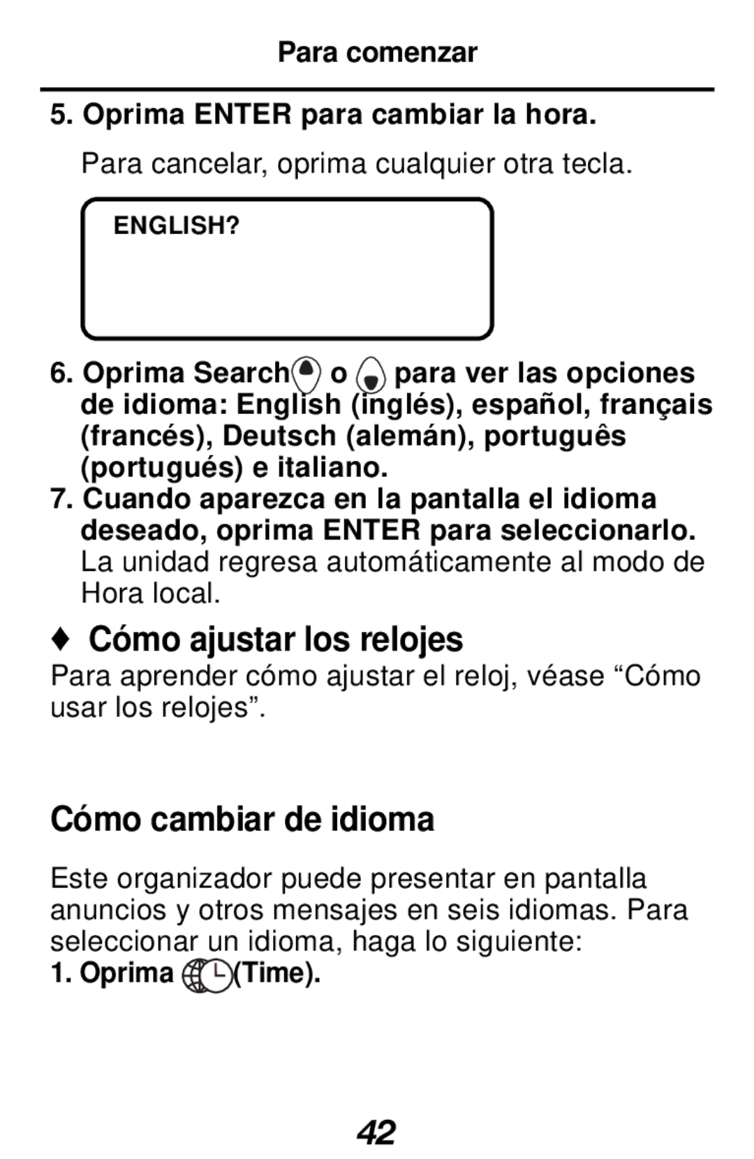 Franklin RF-128b manual Cómo ajustar los relojes, Cómo cambiar de idioma, Oprima Time 