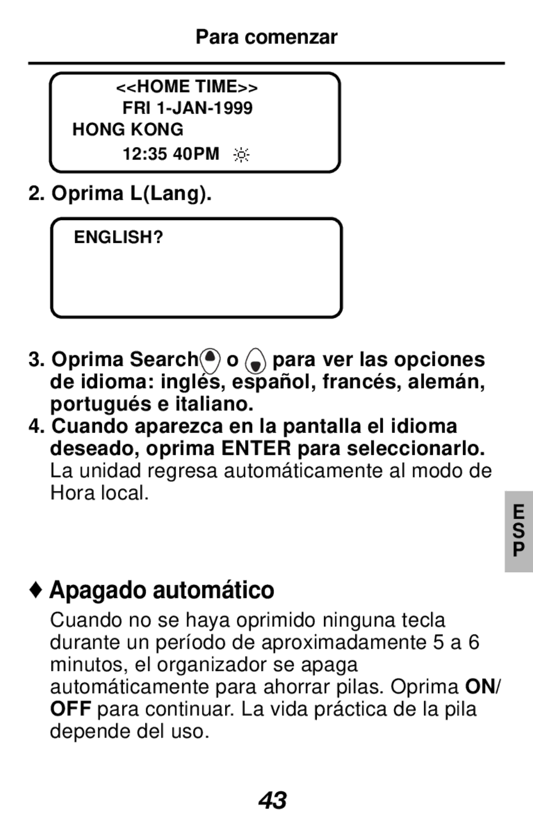 Franklin RF-128b manual Apagado automático, Para comenzar, Oprima LLang 