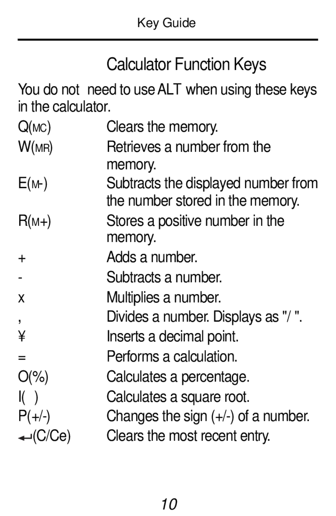 Franklin RF-192 manual Calculator Function Keys 