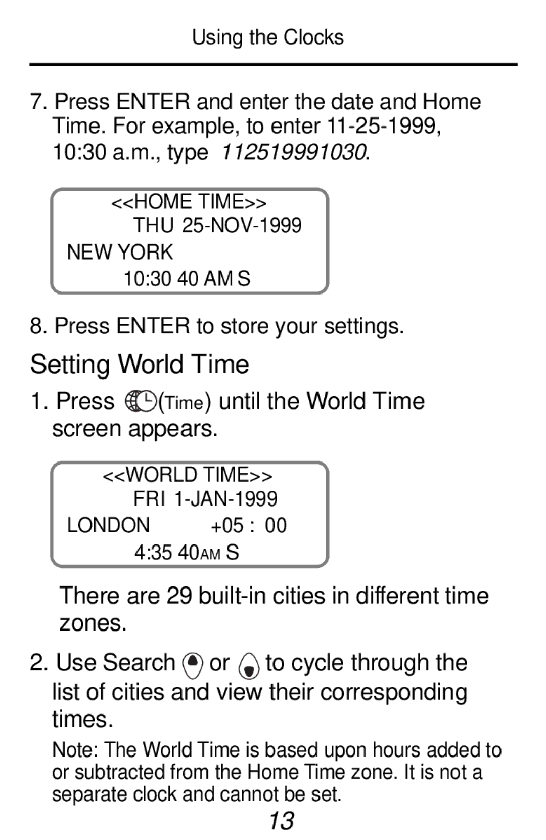 Franklin RF-192 manual Press Time until the World Time screen appears, NEW York, 1030 40 AM, World Time FRI 1-JAN-1999 