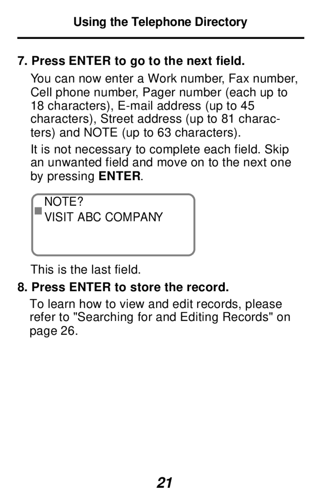 Franklin RF-192 manual Visit ABC Company, Press Enter to store the record 