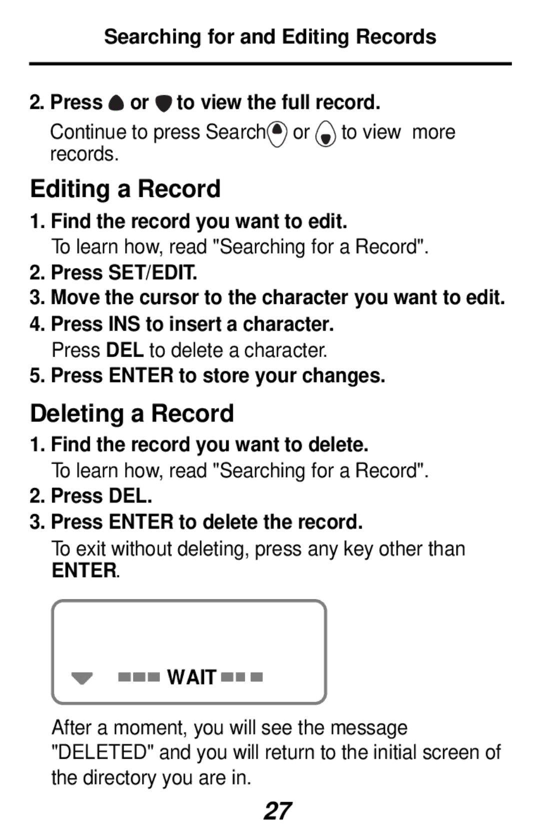 Franklin RF-192 manual Editing a Record, Deleting a Record, Enter 