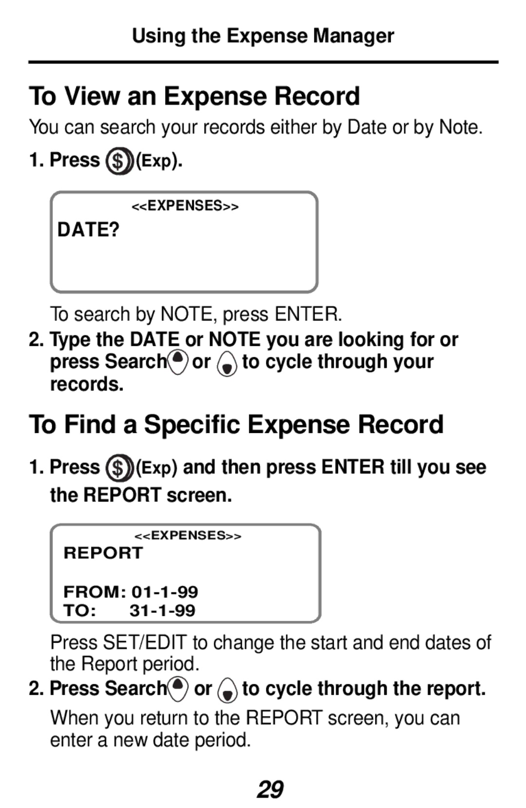 Franklin RF-192 manual To View an Expense Record, Using the Expense Manager 