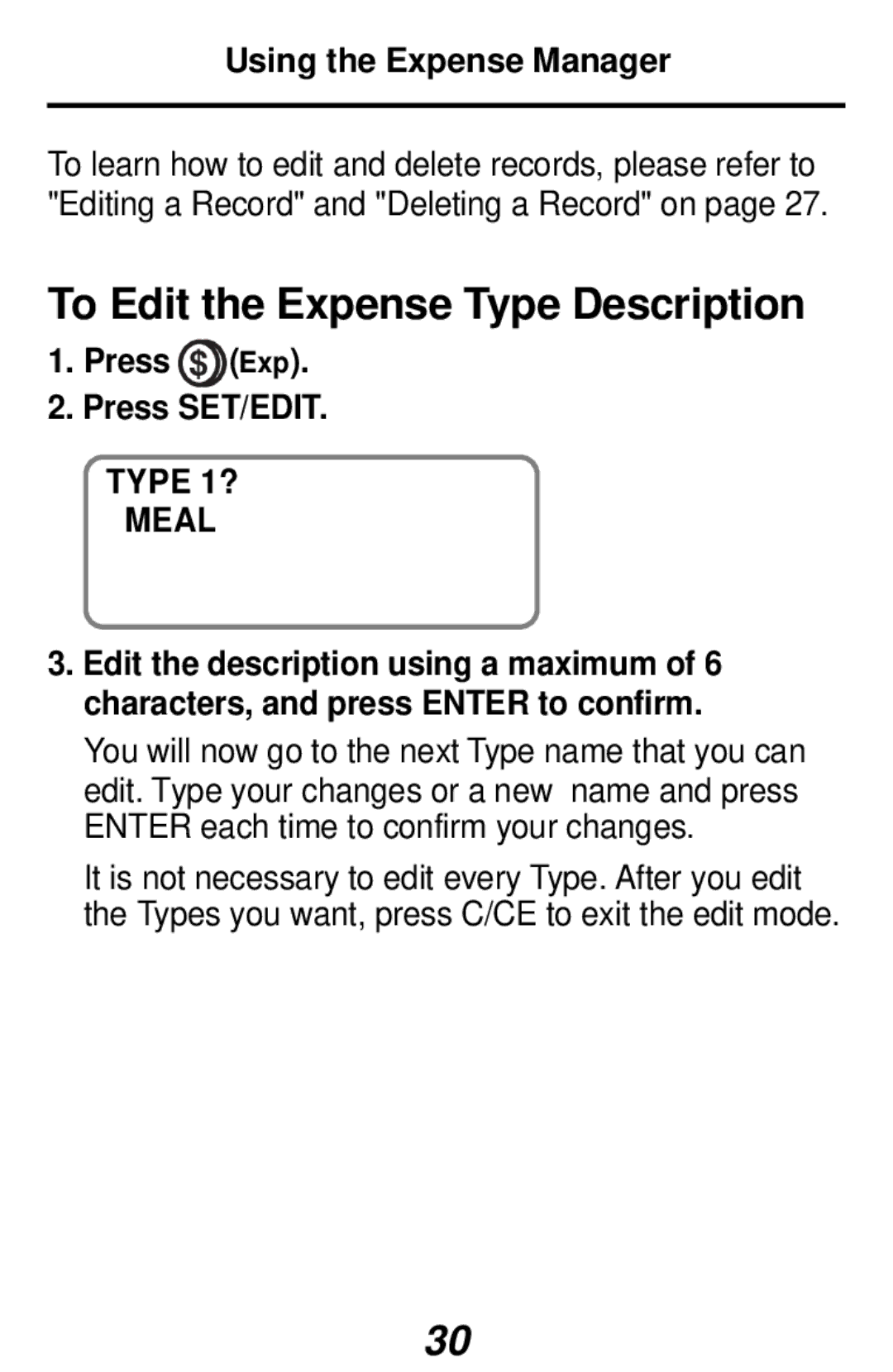 Franklin RF-192 manual Press Exp Press SET/EDIT, Type 1? Meal 