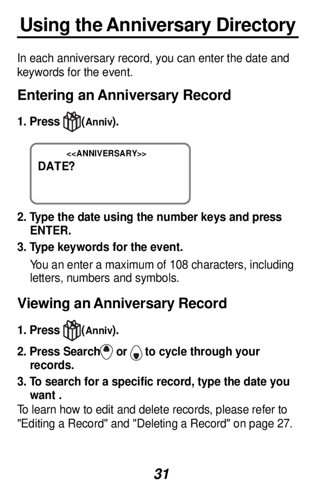 Franklin RF-192 manual Using the Anniversary Directory, Entering an Anniversary Record, Viewing an Anniversary Record 