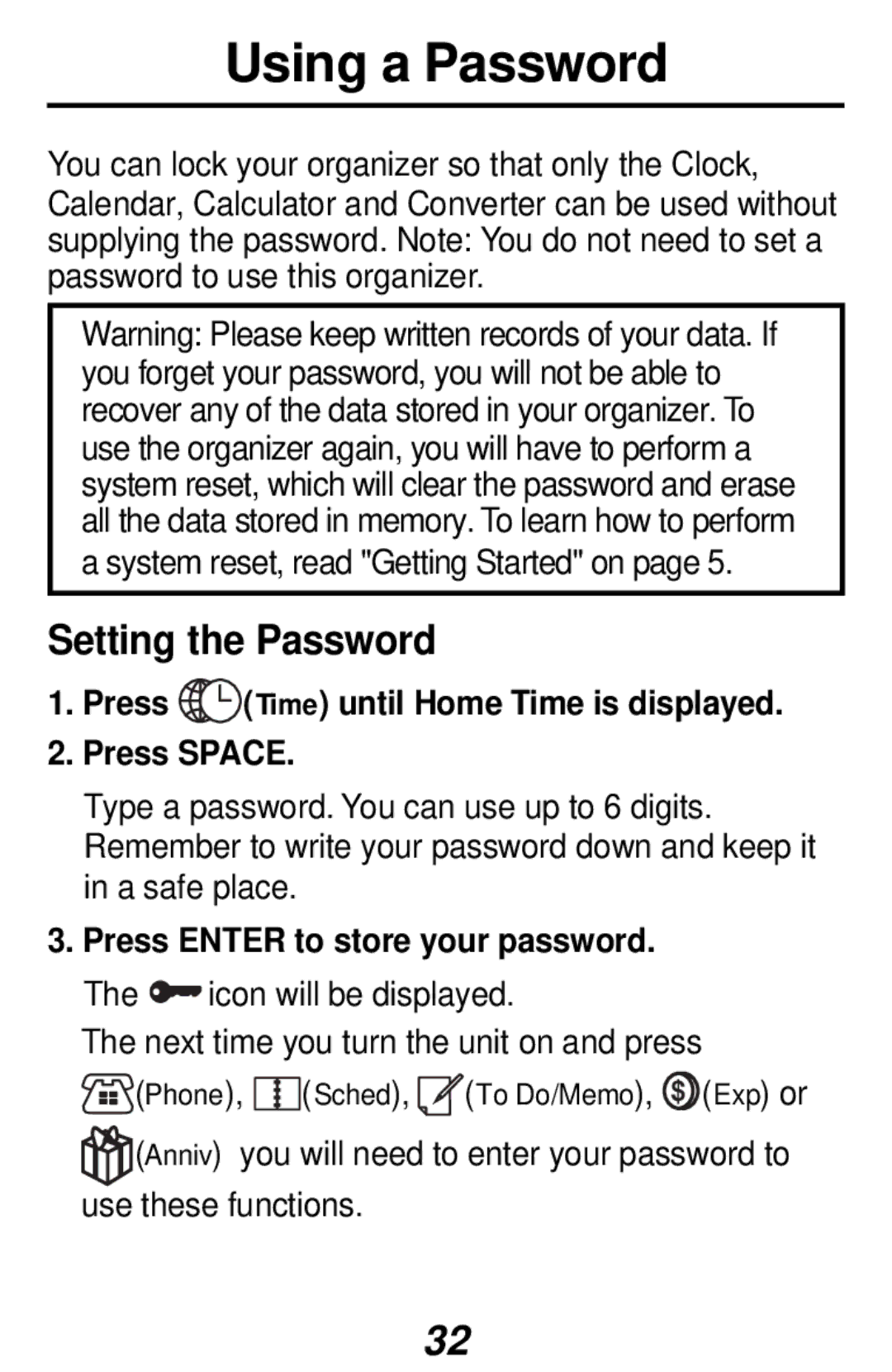 Franklin RF-192 manual Using a Password, Setting the Password, Press Time until Home Time is displayed Press Space 