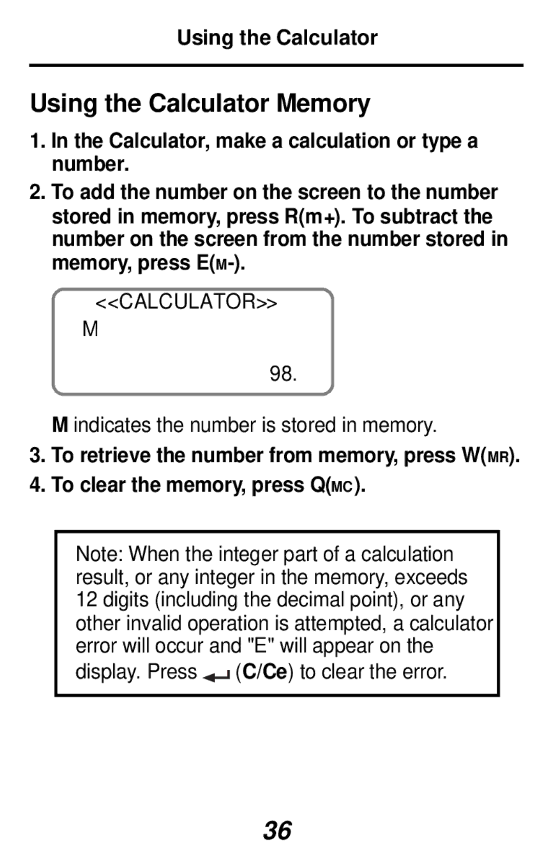 Franklin RF-192 manual Using the Calculator Memory, To clear the memory, press QMC 