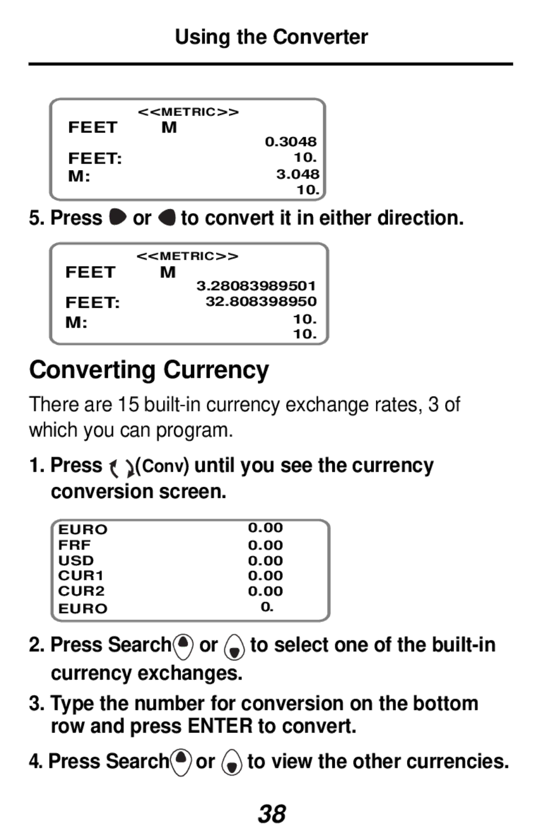 Franklin RF-192 manual Converting Currency, Using the Converter, Press or to convert it in either direction 