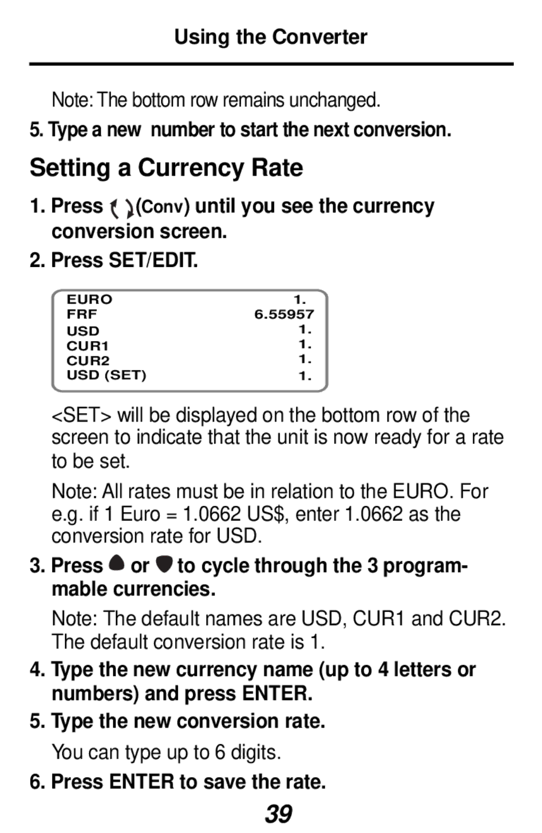 Franklin RF-192 manual Setting a Currency Rate, Press Enter to save the rate 