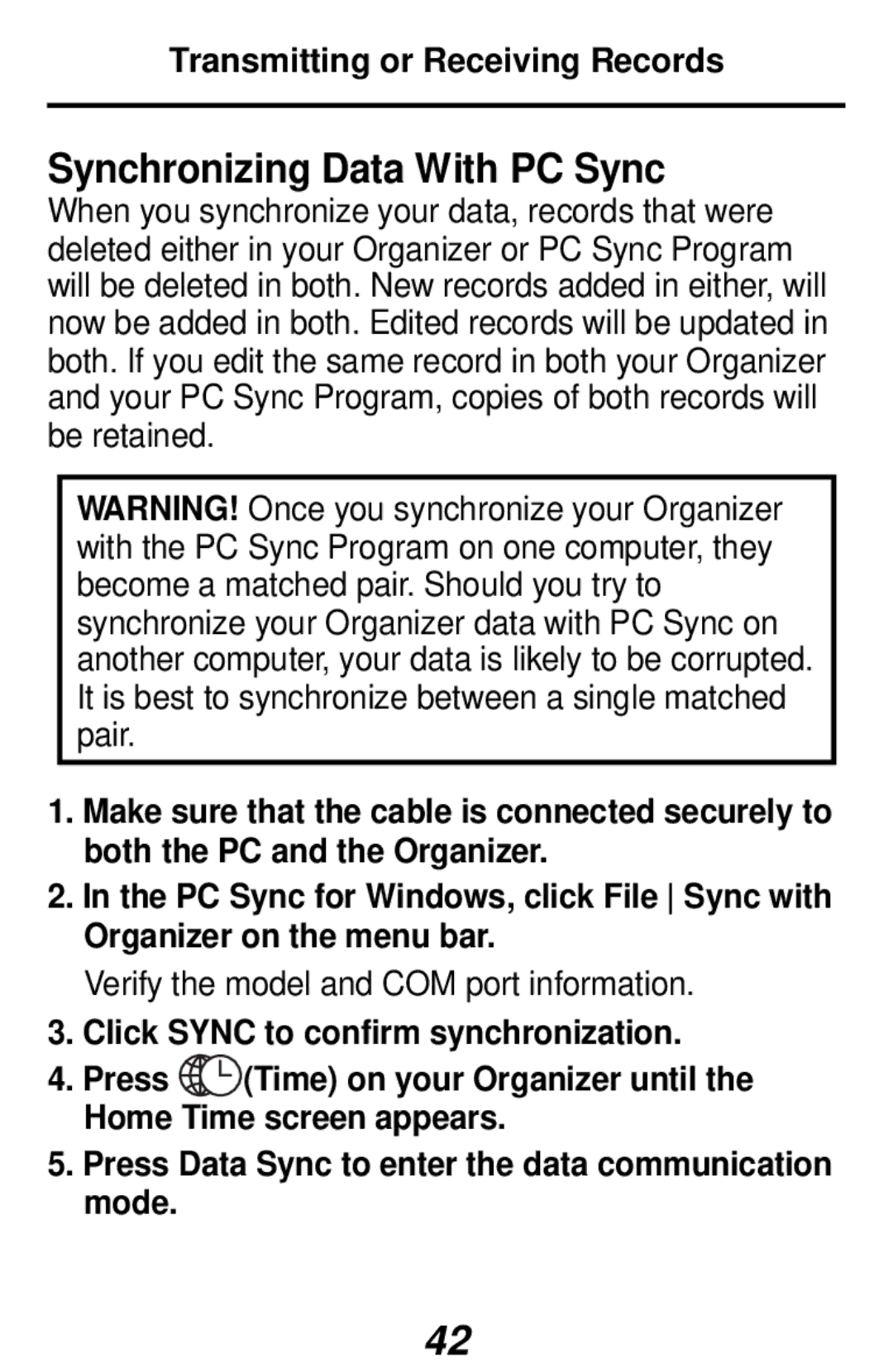 Franklin RF-192 manual Synchronizing Data With PC Sync, Transmitting or Receiving Records 