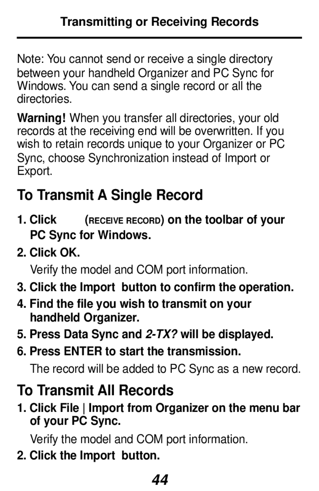 Franklin RF-192 manual To Transmit a Single Record, To Transmit All Records, Click the Import button 