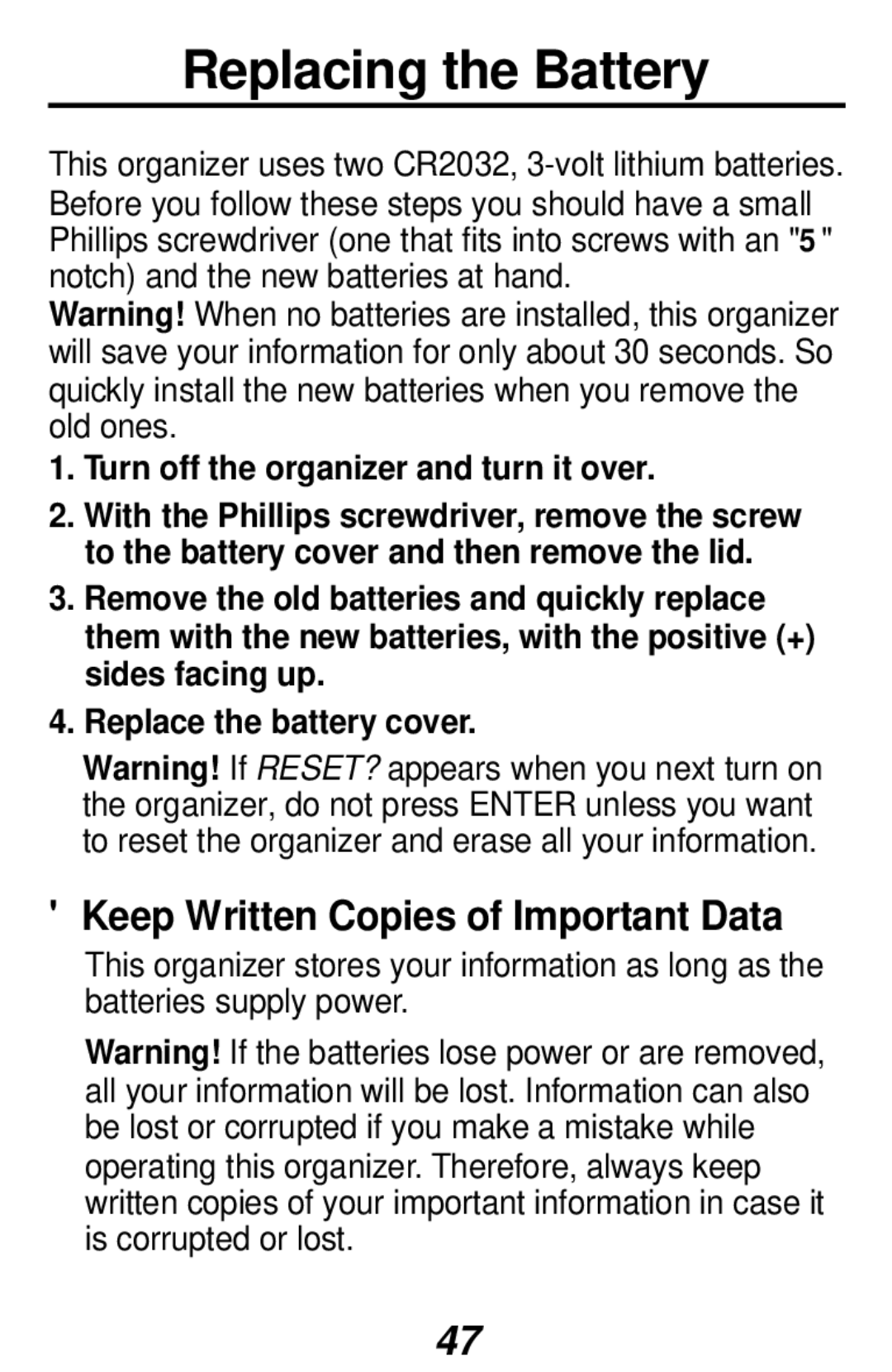 Franklin RF-192 Replacing the Battery, Keep Written Copies of Important Data, Turn off the organizer and turn it over 