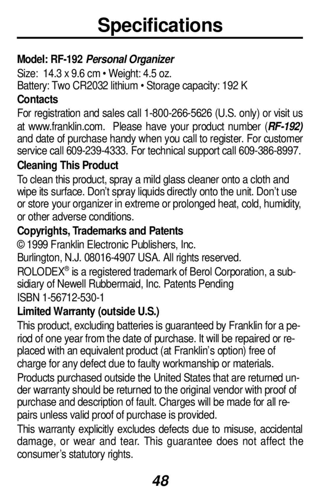 Franklin RF-192 manual Specifications, Contacts Cleaning This Product, Copyrights, Trademarks and Patents 