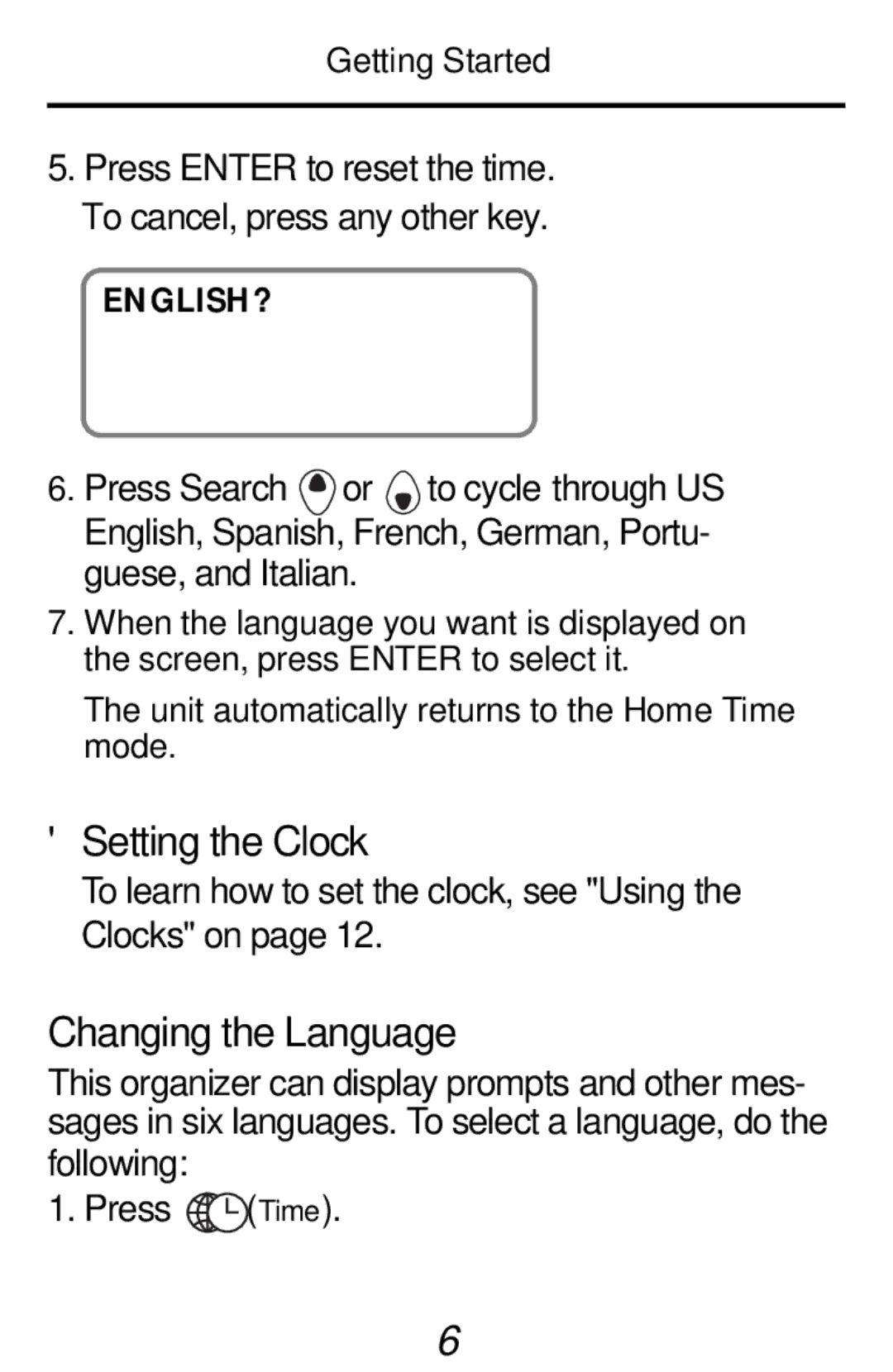 Franklin RF-192 manual Setting the Clock, Changing the Language, English? 