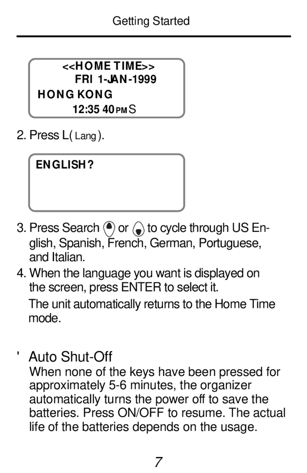 Franklin RF-192 manual Auto Shut-Off, Getting Started Home Time FRI 1-JAN-1999 Hong Kong 1235 40PM 