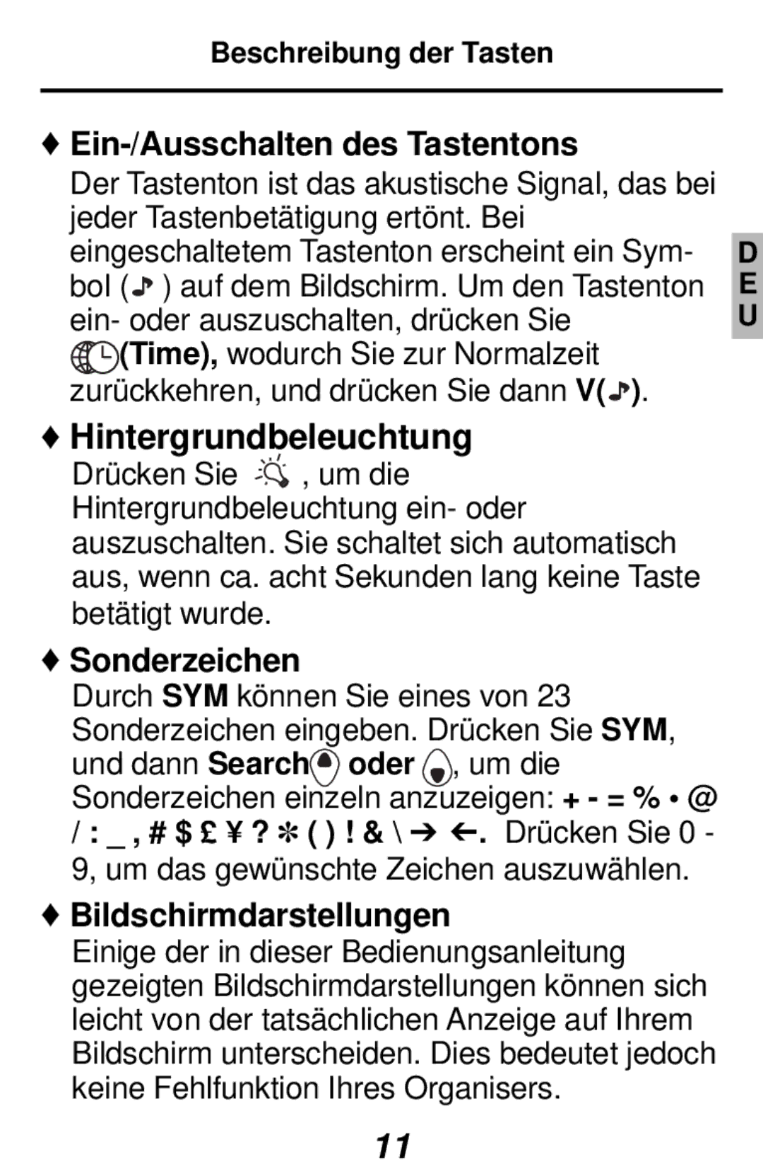 Franklin RF-384 manual Ein-/Ausschalten des Tastentons, Hintergrundbeleuchtung, Sonderzeichen, Bildschirmdarstellungen 