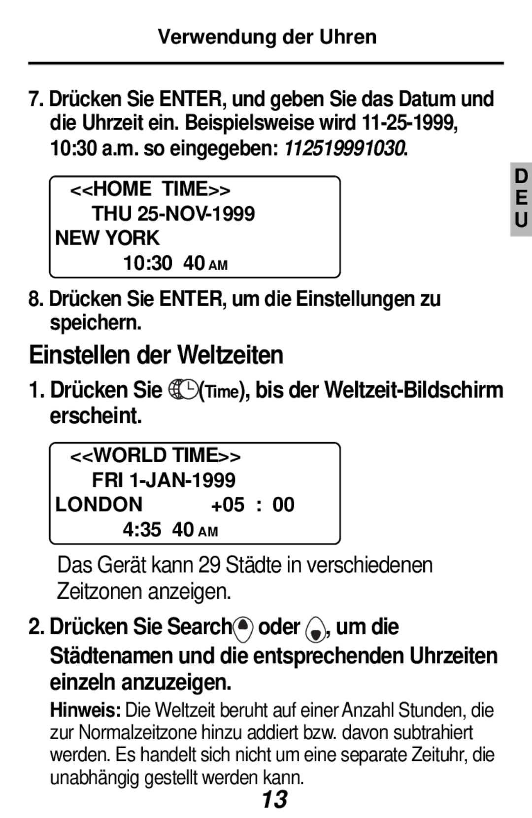 Franklin RF-384 manual Einstellen der Weltzeiten, Drücken Sie Time, bis der Weltzeit-Bildschirm erscheint, World Time 