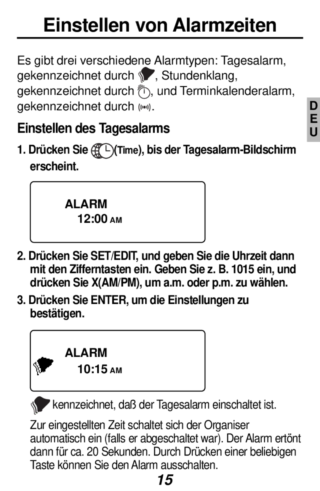 Franklin RF-384 manual Einstellen von Alarmzeiten, Einstellen des Tagesalarms 