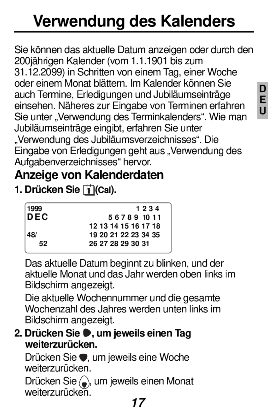 Franklin RF-384 manual Verwendung des Kalenders, Anzeige von Kalenderdaten, Drücken Sie 1 Cal 