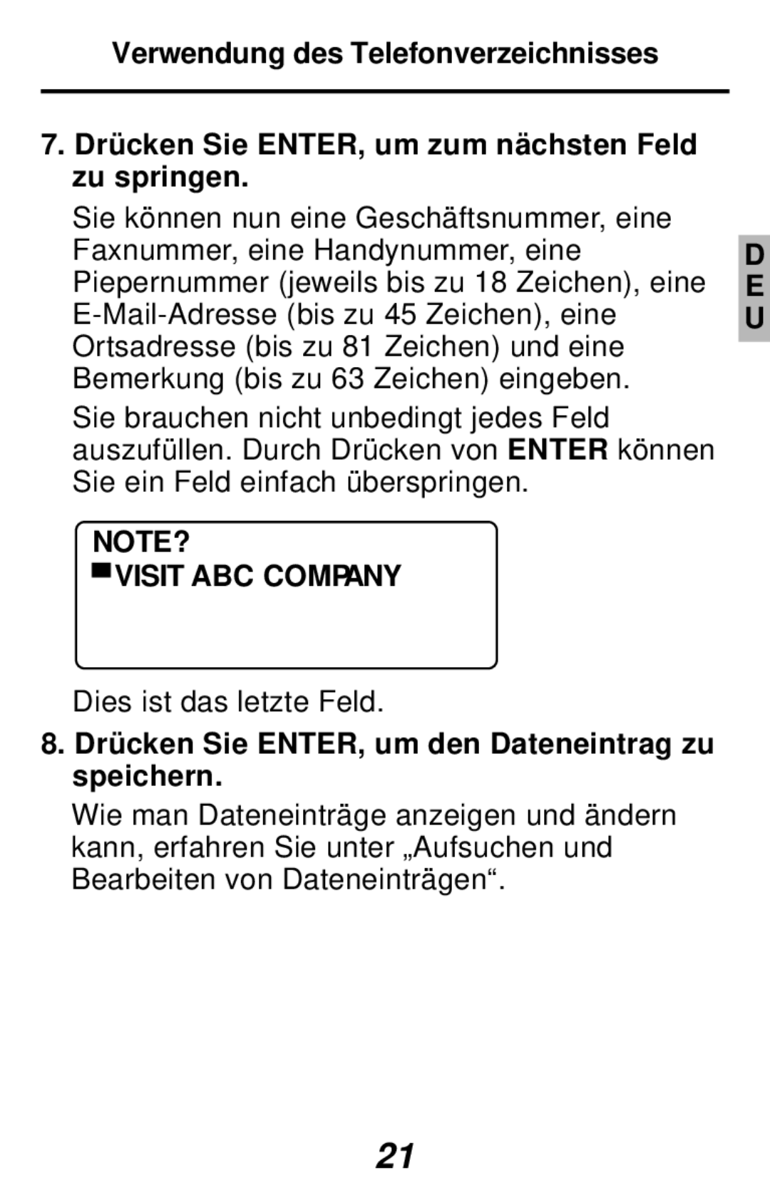 Franklin RF-384 manual Visit ABC Company, Drücken Sie ENTER, um den Dateneintrag zu speichern 