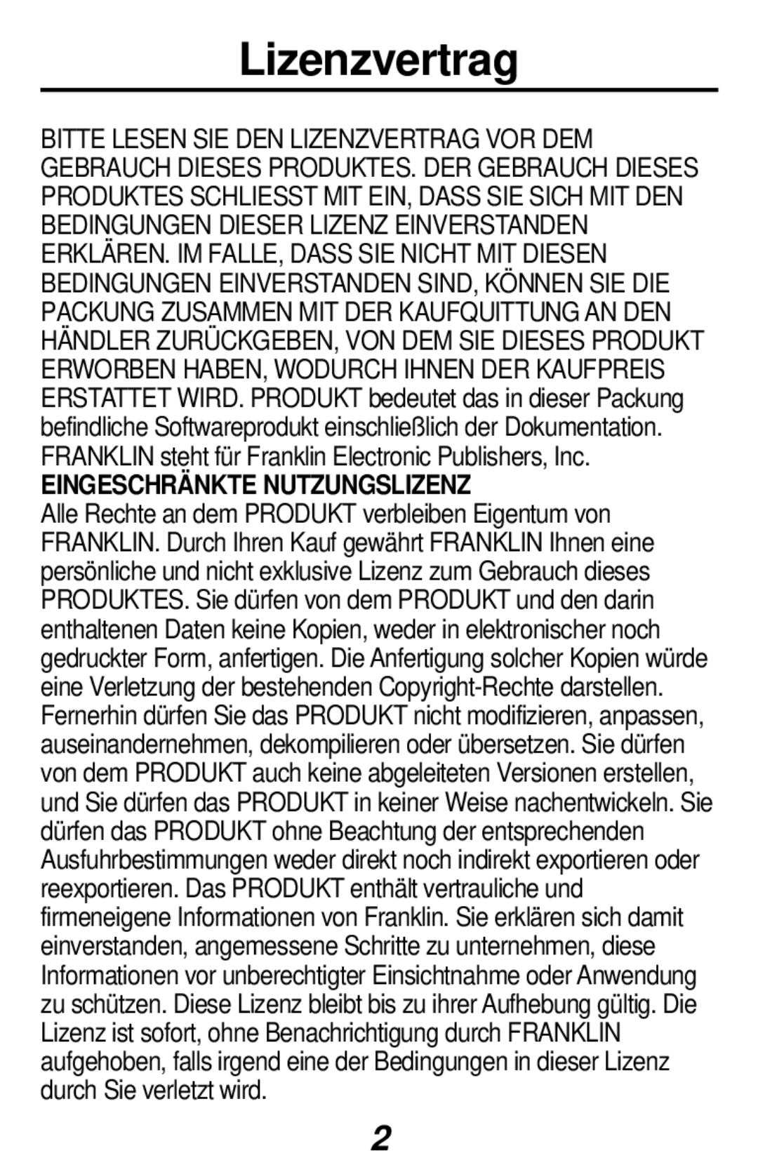 Franklin RF-384 manual Lizenzvertrag, Eingeschränkte Nutzungslizenz 