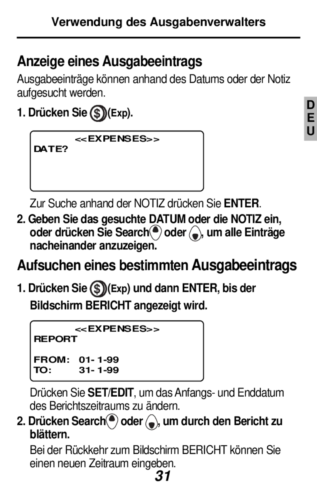 Franklin RF-384 manual Anzeige eines Ausgabeeintrags, Verwendung des Ausgabenverwalters, Drücken Sie Exp 