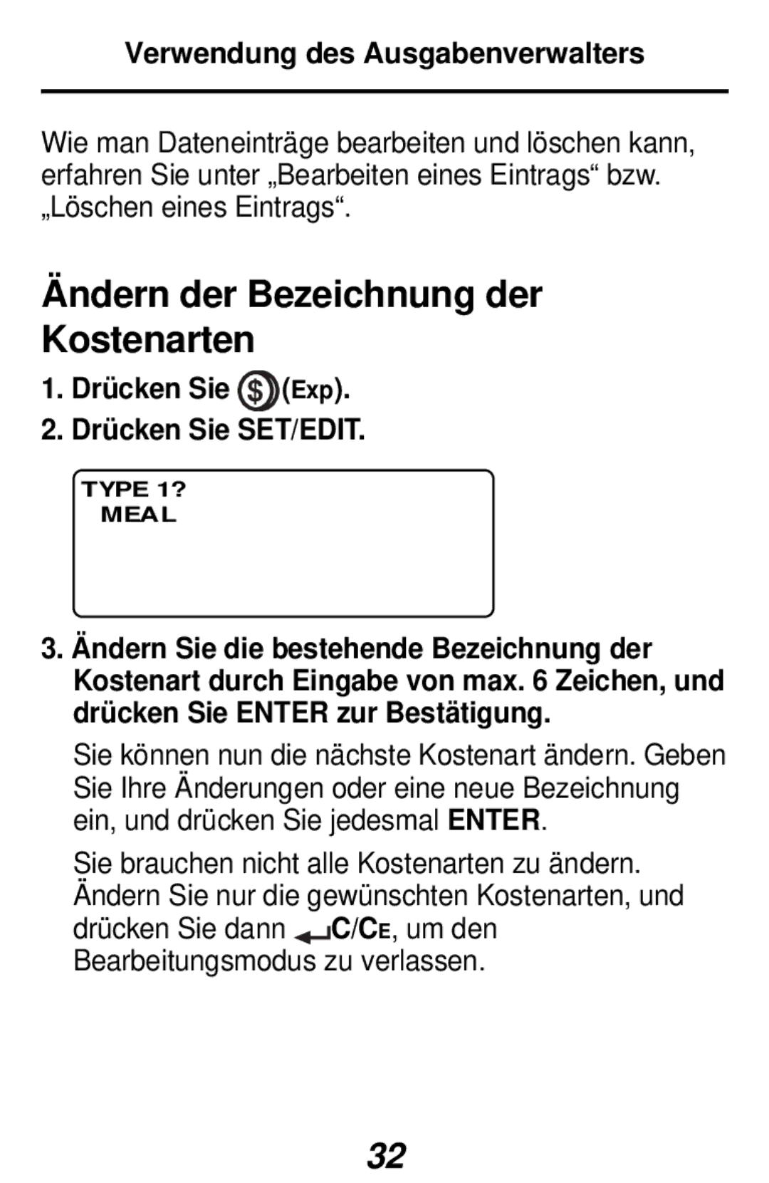 Franklin RF-384 manual Ändern der Bezeichnung der Kostenarten, Drücken Sie Exp Drücken Sie SET/EDIT 