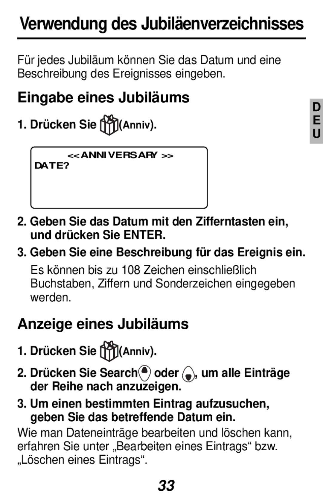 Franklin RF-384 Verwendung des Jubiläenverzeichnisses, Eingabe eines Jubiläums, Anzeige eines Jubiläums, Drücken Sie Anniv 