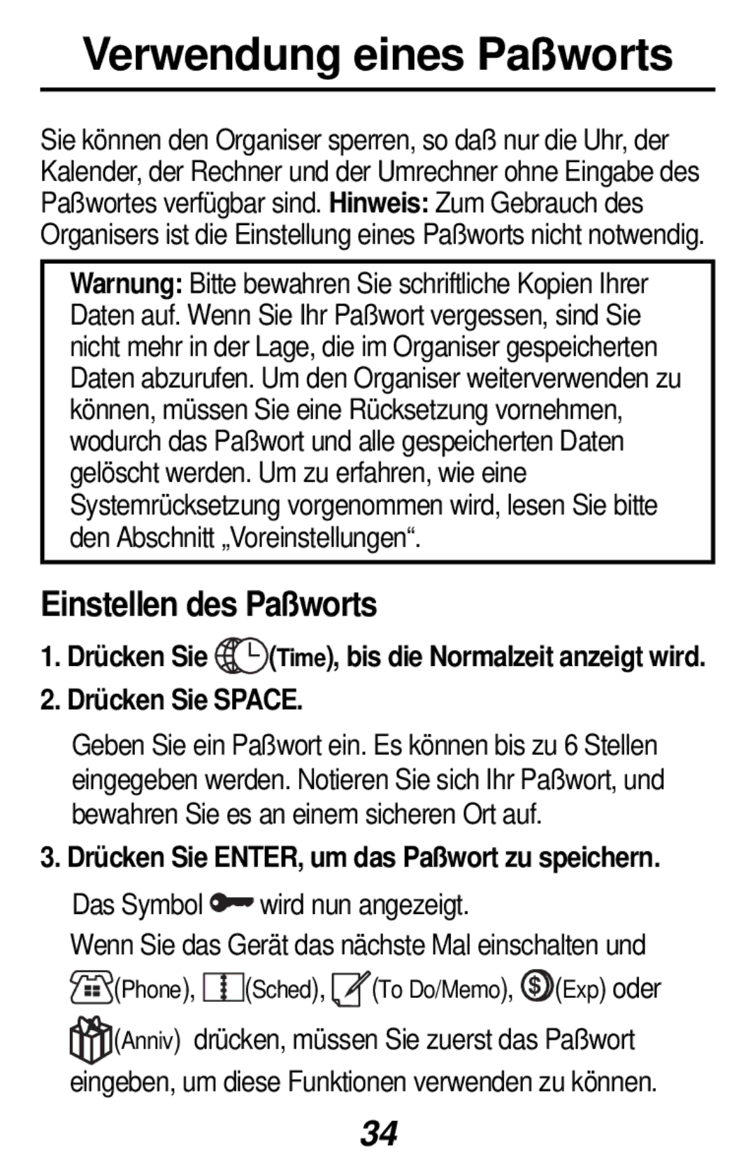 Franklin RF-384 manual Verwendung eines Paßworts, Einstellen des Paßworts, Drücken Sie Space 