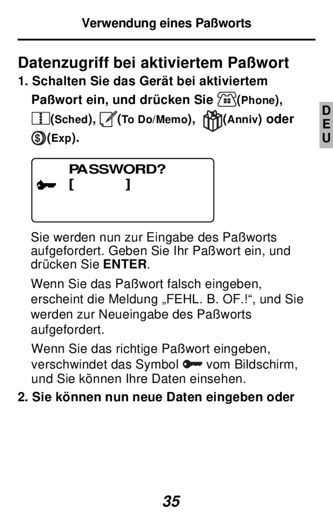 Franklin RF-384 manual Datenzugriff bei aktiviertem Paßwort, Verwendung eines Paßworts, Exp, Password? 