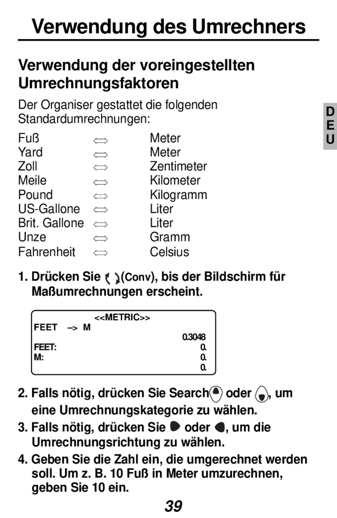 Franklin RF-384 manual Verwendung des Umrechners, Verwendung der voreingestellten Umrechnungsfaktoren 