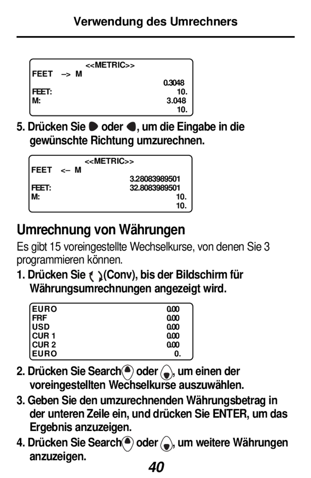 Franklin RF-384 manual Umrechnung von Währungen, Verwendung des Umrechners 