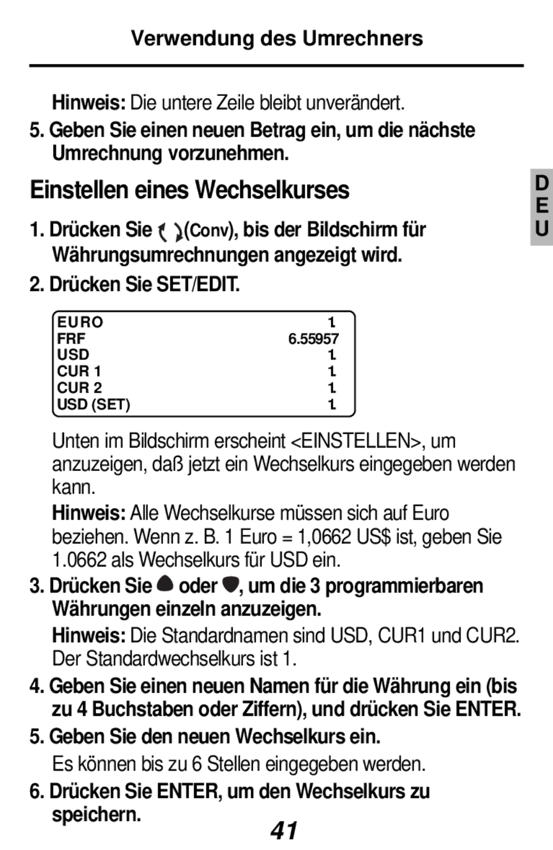 Franklin RF-384 manual Einstellen eines Wechselkurses, Geben Sie den neuen Wechselkurs ein 