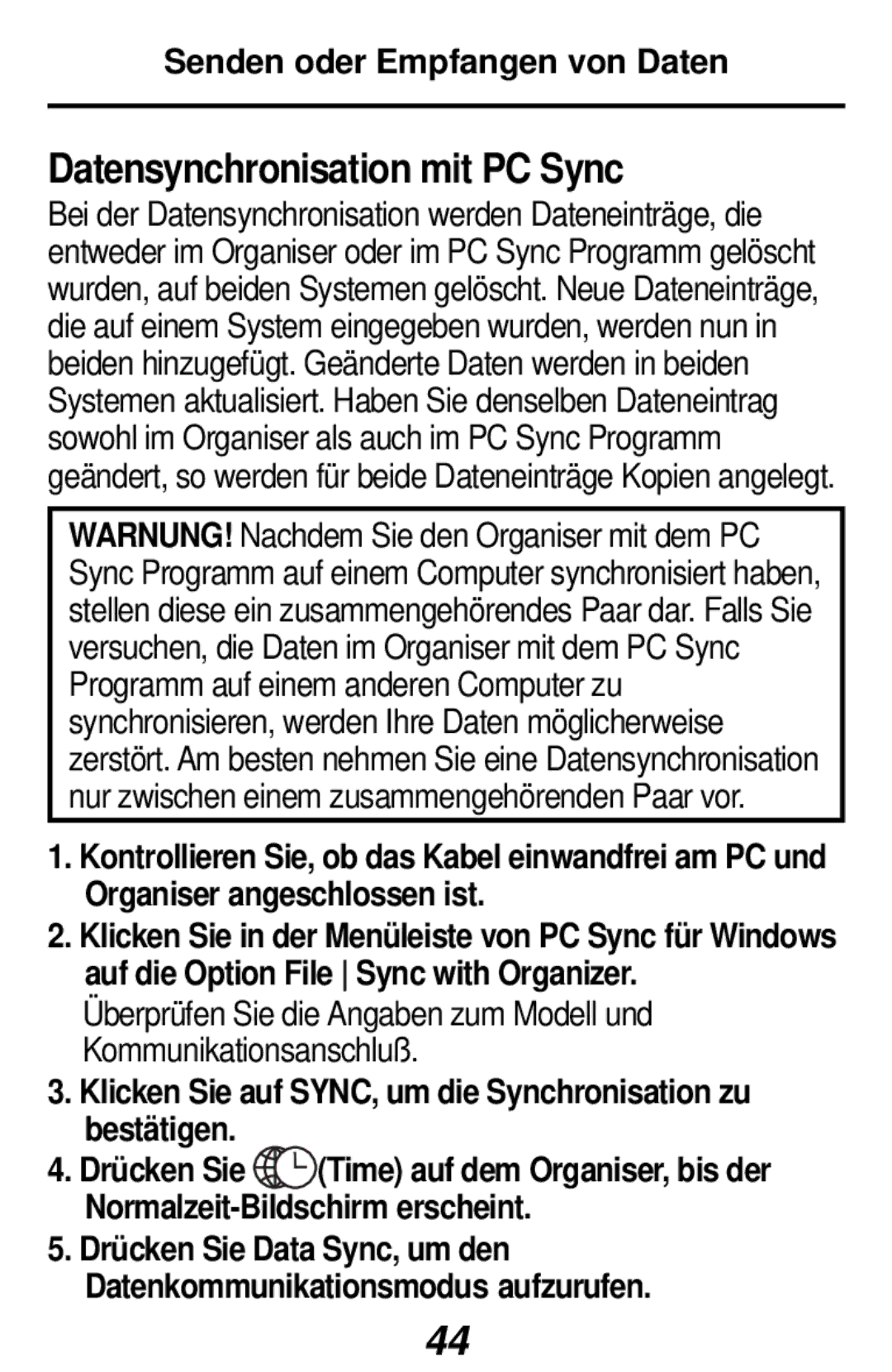 Franklin RF-384 manual Datensynchronisation mit PC Sync, Senden oder Empfangen von Daten 