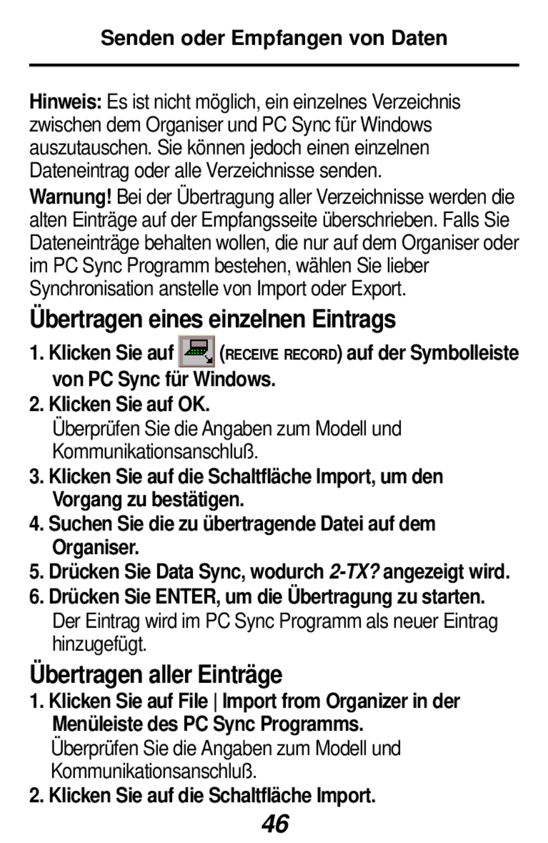 Franklin RF-384 Übertragen eines einzelnen Eintrags, Übertragen aller Einträge, Klicken Sie auf die Schaltfläche Import 